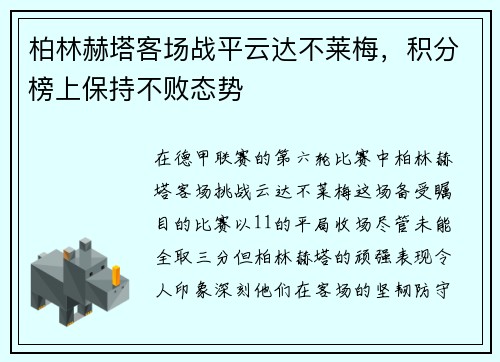 柏林赫塔客场战平云达不莱梅，积分榜上保持不败态势