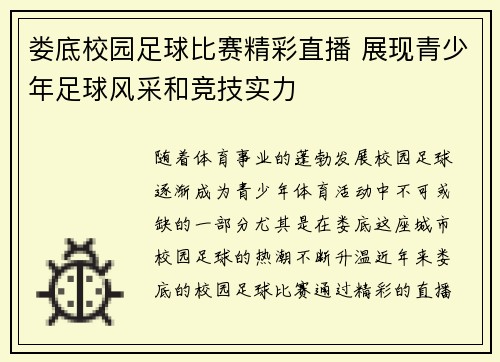 娄底校园足球比赛精彩直播 展现青少年足球风采和竞技实力